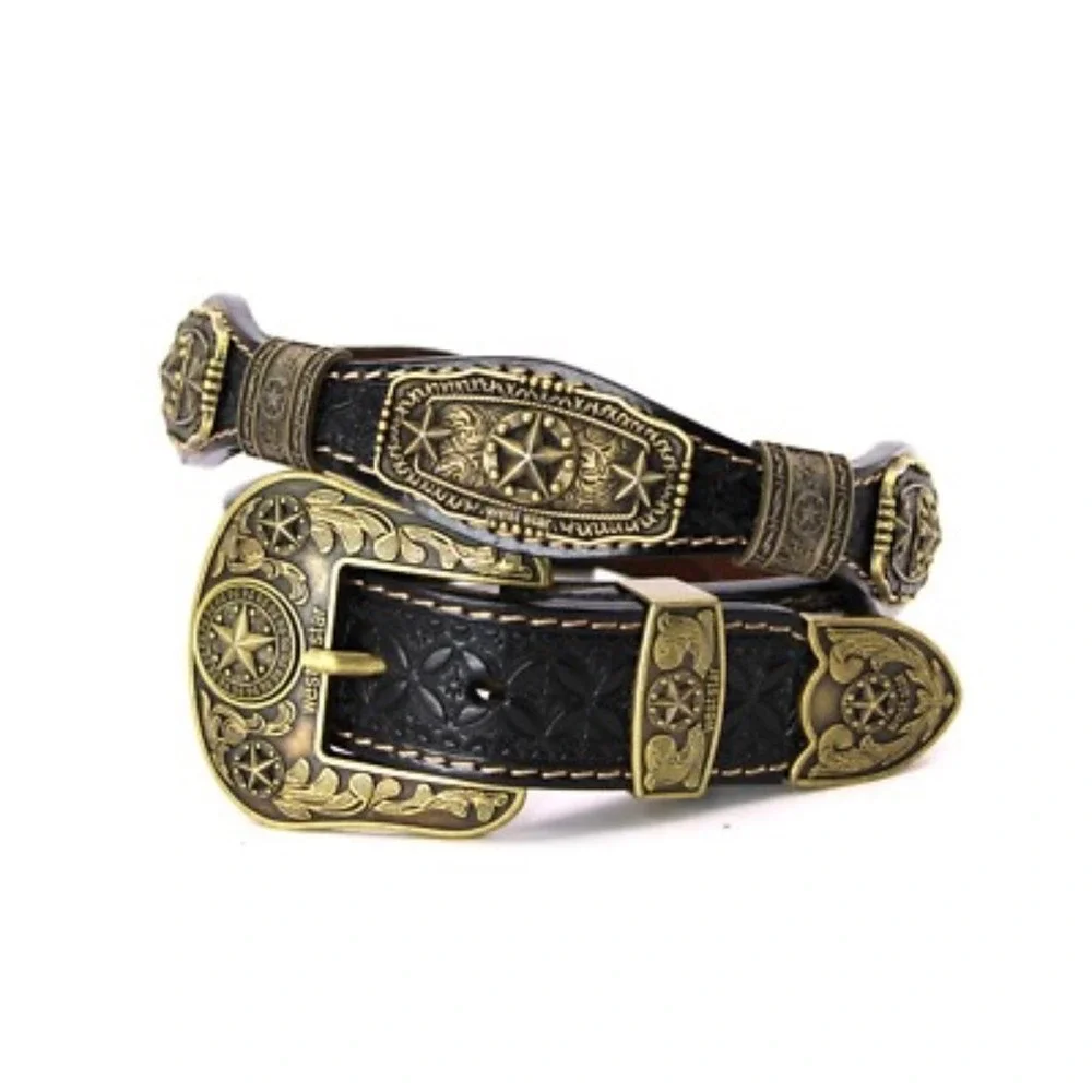 NEW West Star Texas Western Cowboy Genuine Leather Belt Black Gold Star Concho